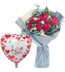 12 Red Roses Bouquet with Mylar Balloon