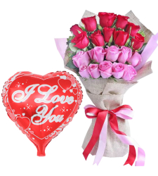 20 Red and Pink Roses Bouquet with Mylar Balloon