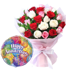 24 Pcs Mixed Roses with Anniversary Balloon