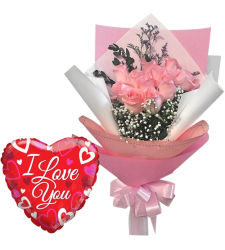 12 Pink Roses Bouquet with Mylar Balloon