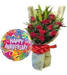 12 Red Roses Bouquet with Anniversary Balloon