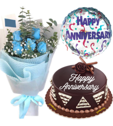 5 Blue Roses with Anniversary Cake and Balloon