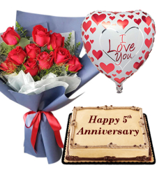 12 Red Roses with Anniversary Cake and Mylar Balloon