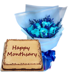 9 Blue Rose Bouquet with Anniversary Mocha Cake