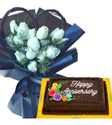 12 White Roses with Anniversary Chocolate Cake