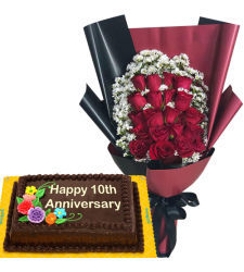 20 Pcs. Red Roses Bouquet with Anniversary Cake