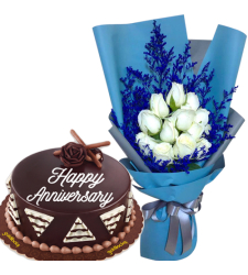 12 White Roses with Chocolate Anniversary Cake