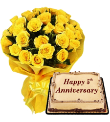 24 Yellow Roses Bouquet with Anniversary Mocha Cake