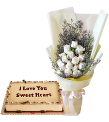 12 White Roses Bouquet with Mocha Anniversary Cake