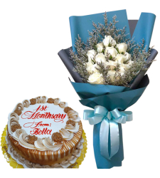 12 White Roses Bouquet with Anniversary Cake