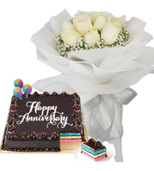 8 Pcs. White Roses with Anniversary Cake