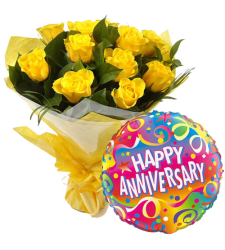 12 Yellow Roses with Anniversary Balloon