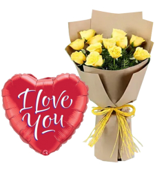 12 Yellow Roses with Mylar Balloon