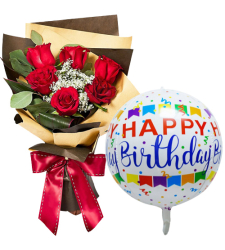 6 Red Roses Bouquet with Birthday Balloon