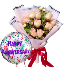 9 Pcs. Peach Roses with Anniversary Balloon