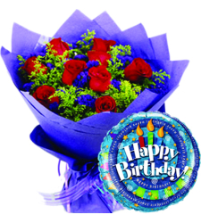 12 Red Roses With Birthday Mylar Balloon