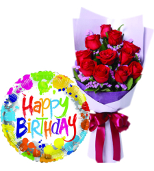 12 pcs Roses with Birthday Mylar Balloon