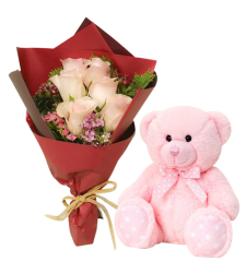 6 Pink Roses Bouquet with Pink Bear