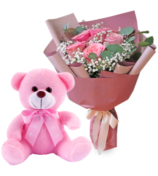 6 Pink Roses Bouquet with Small Pink Bear