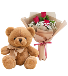 3 Red Roses Bouquet with Brown Bear