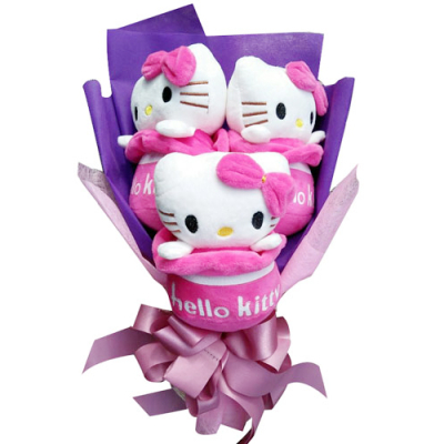 3 pcs Cute 7'' Hello Kitty in a Beautiful Bouquet Arrangement