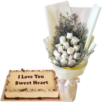 12 White Roses Bouquet with Mocha Anniversary Cake