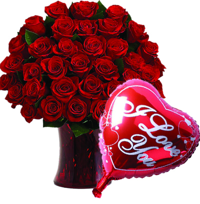 36 Red Roses In Vase with Love You Balloon