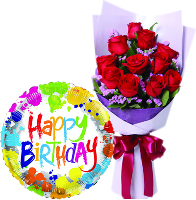 12 pcs Roses with Birthday Mylar Balloon