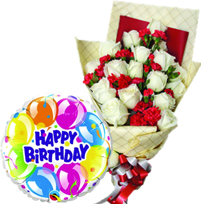 12 Pcs White Roses with Birthday Balloon