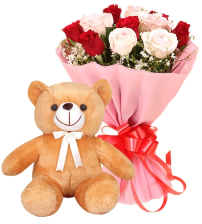 12 Red and Pink Roses with Small Bear