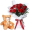 12 Red Color Roses Bouquet with Brown Bear